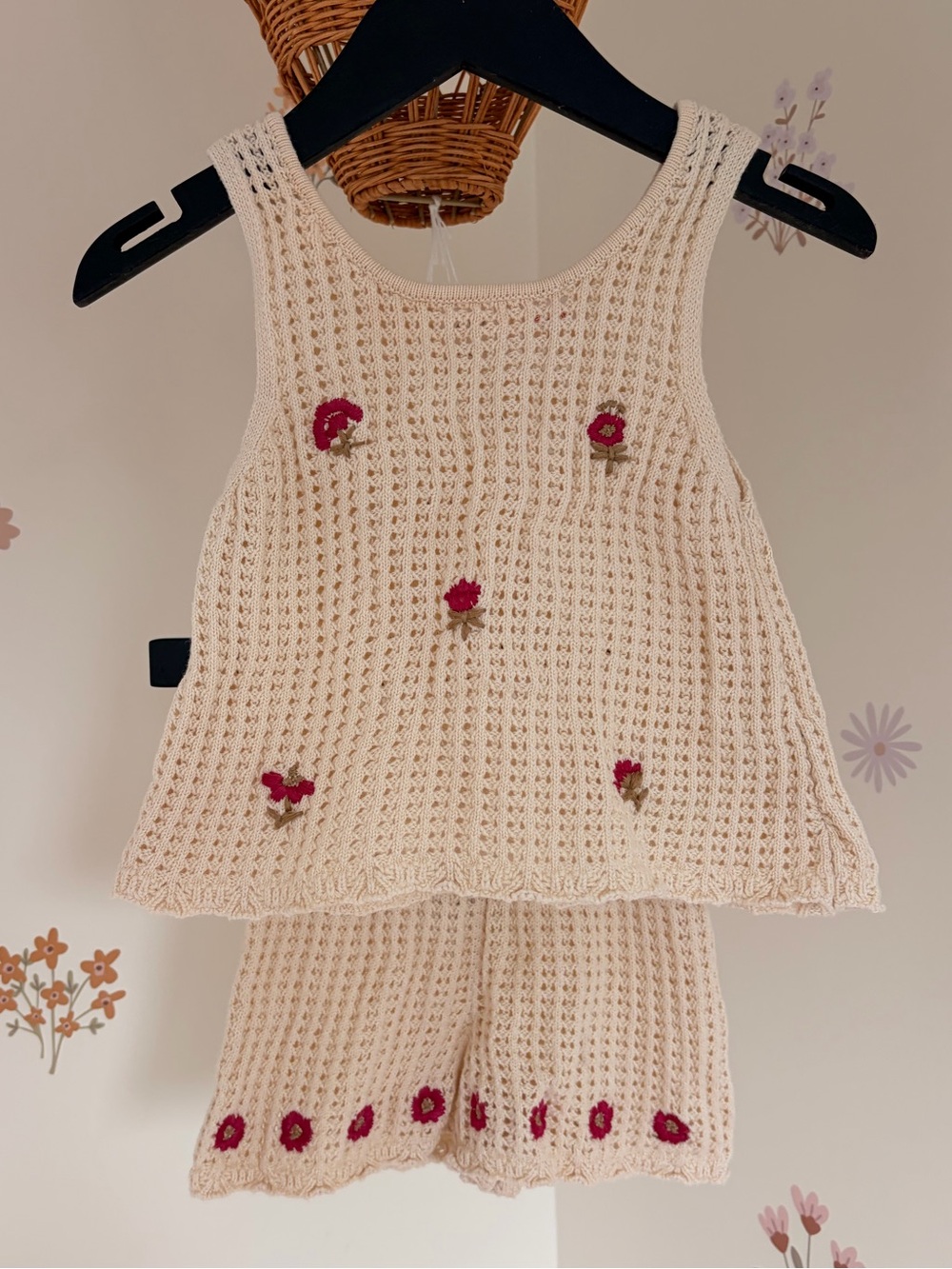Zara Girls Open Knit Embroidered Floral Top & Shorts Set | Cream Pink | 4T
